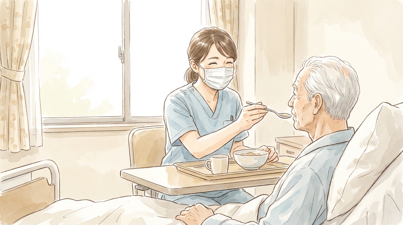 病室でマスクをして食事介助をする看護助手のイラスト