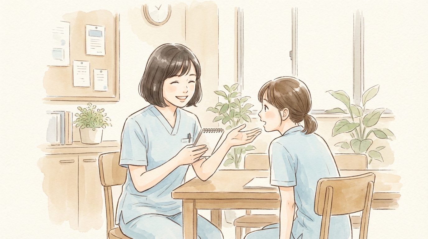 後輩から頼られる30代の先輩看護助手のイラスト