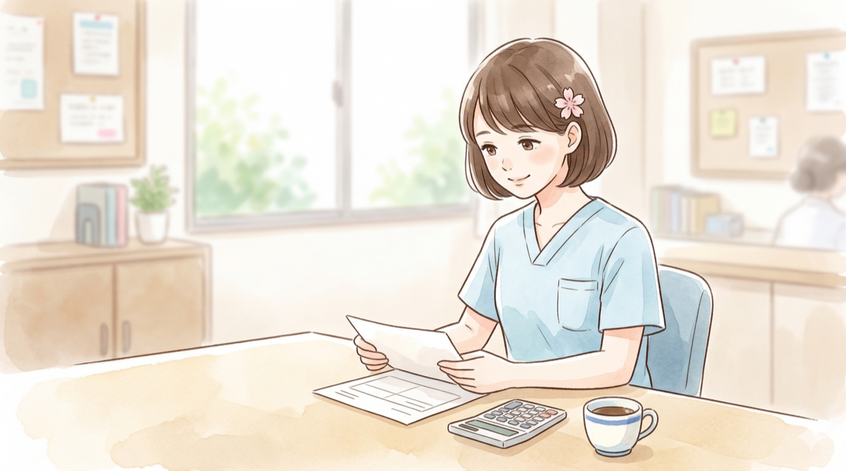 給与明細を見る看護助手のイラスト